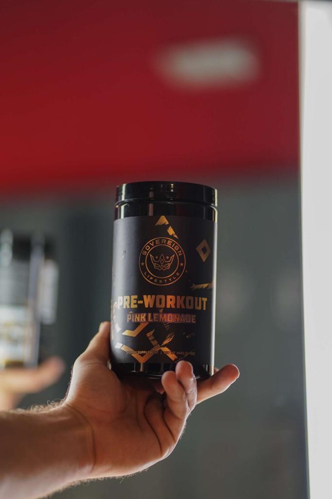 Sovereign pink lemonade preworkout with gold and black label in a black tub