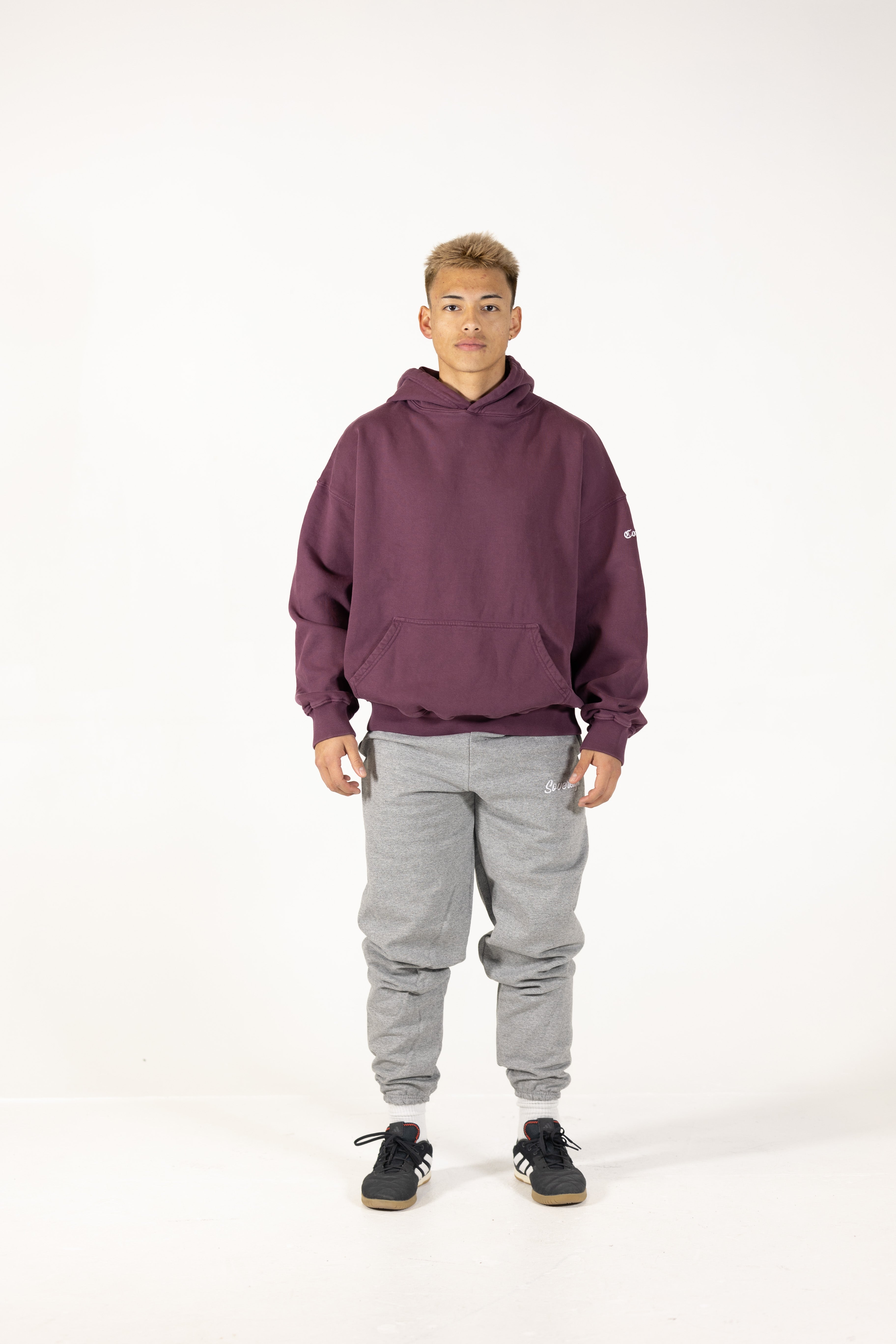 Sovereign Conquer Hoodie Blank BUrgundy oversized sustainable hoodie, photoshoot
