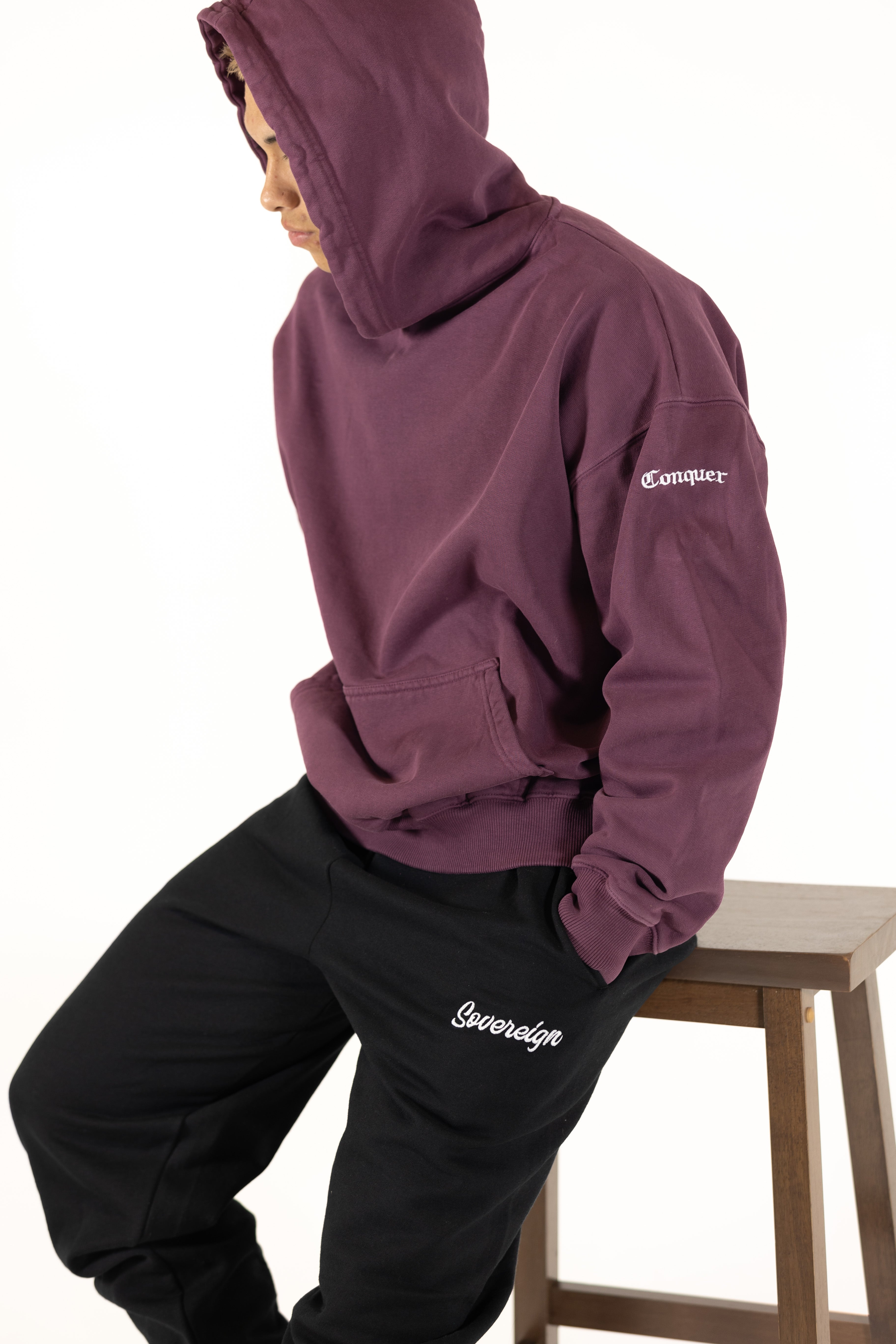 Sovereign Conquer Hoodie Blank BUrgundy oversized sustainable hoodie, photoshoot