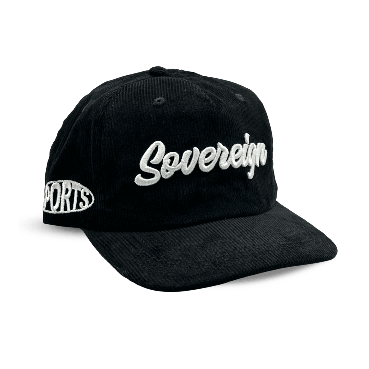 sovereign corduroy vintage hat black sport script, 5 panel retro